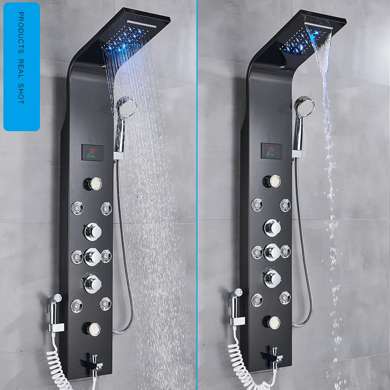 Saeuwtowy Wall Mount Shower Panel Shower Column LED Waterfall Shower Faucet Set With Bidet Sprayer Massage Temperature Display