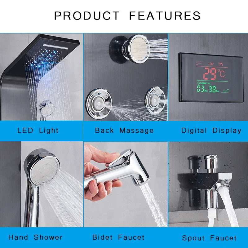 Saeuwtowy Wall Mount Shower Panel Shower Column LED Waterfall Shower Faucet Set With Bidet Sprayer Massage Temperature Display