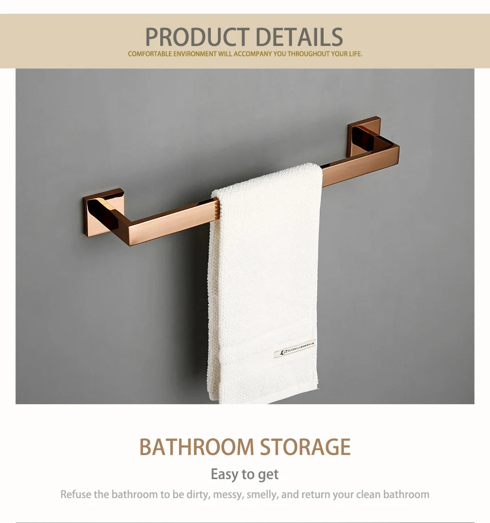 Rose Gold Bathroom Accessories Set Wall Mount Shelf Toilet Bath Hardware Paper Holder Towel Bar Rack Rail Rod Robe Hook Hanger