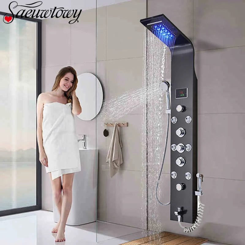 Saeuwtowy Wall Mount Shower Panel Shower Column LED Waterfall Shower Faucet Set With Bidet Sprayer Massage Temperature Display