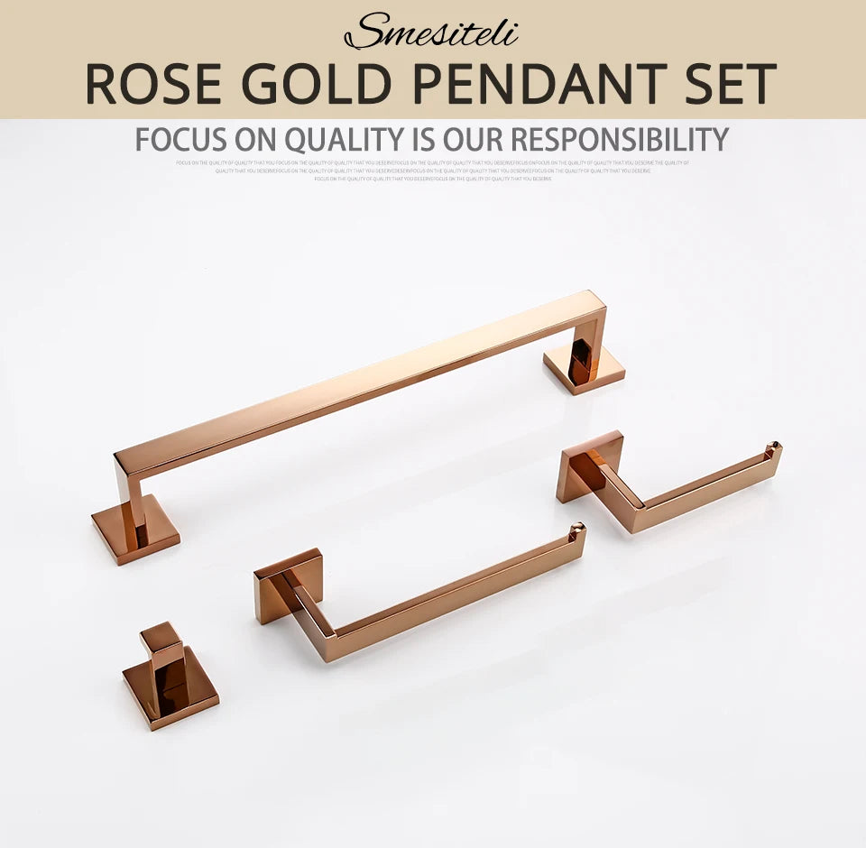 Rose Gold Bathroom Accessories Set Wall Mount Shelf Toilet Bath Hardware Paper Holder Towel Bar Rack Rail Rod Robe Hook Hanger