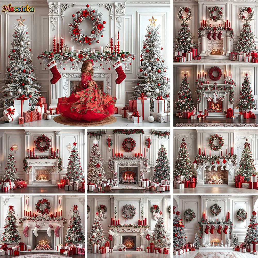 White Fireplace Photography Backdrop Christmas Red Garland Xmas Tree Candles Background Winter Retro Room Family Photo Studio