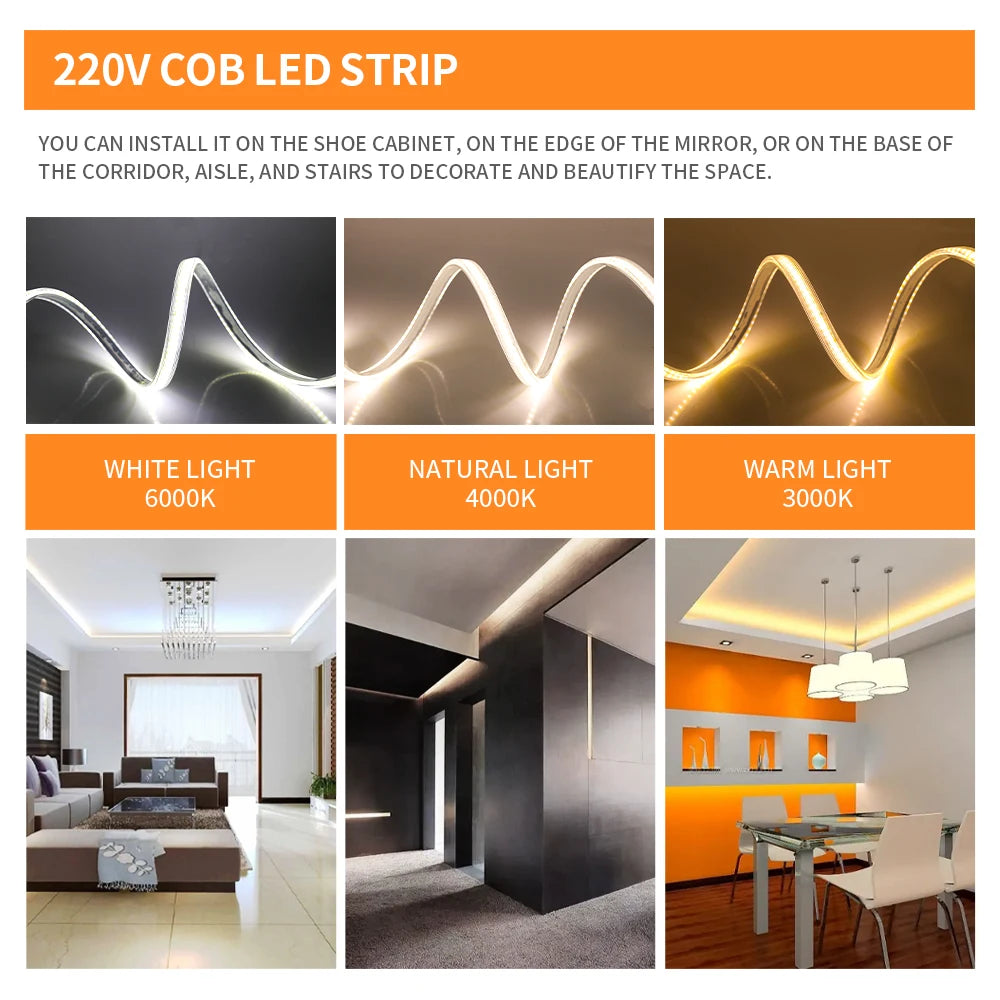 110V 220V COB LED Strip Light 288LEDs/m High Safety Waterproof Outdoor Garden Lamp RA90 Warm/ Natural/ Cold White for Home Decor