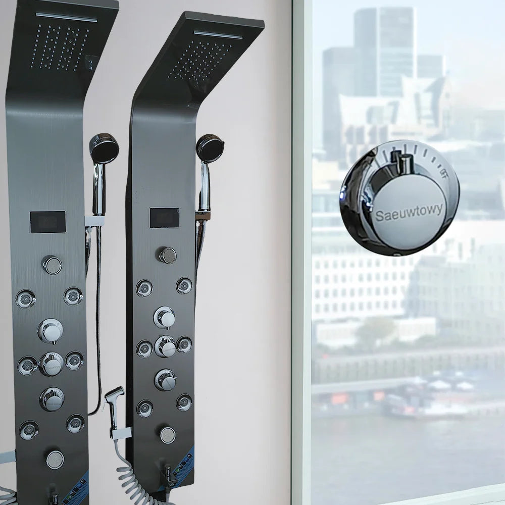 Saeuwtowy Wall Mount Shower Panel Shower Column LED Waterfall Shower Faucet Set With Bidet Sprayer Massage Temperature Display