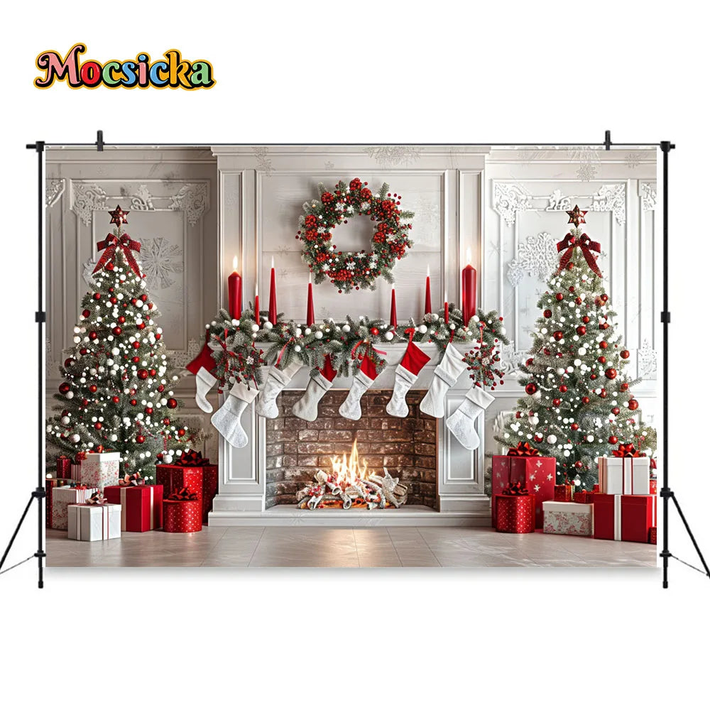 White Fireplace Photography Backdrop Christmas Red Garland Xmas Tree Candles Background Winter Retro Room Family Photo Studio