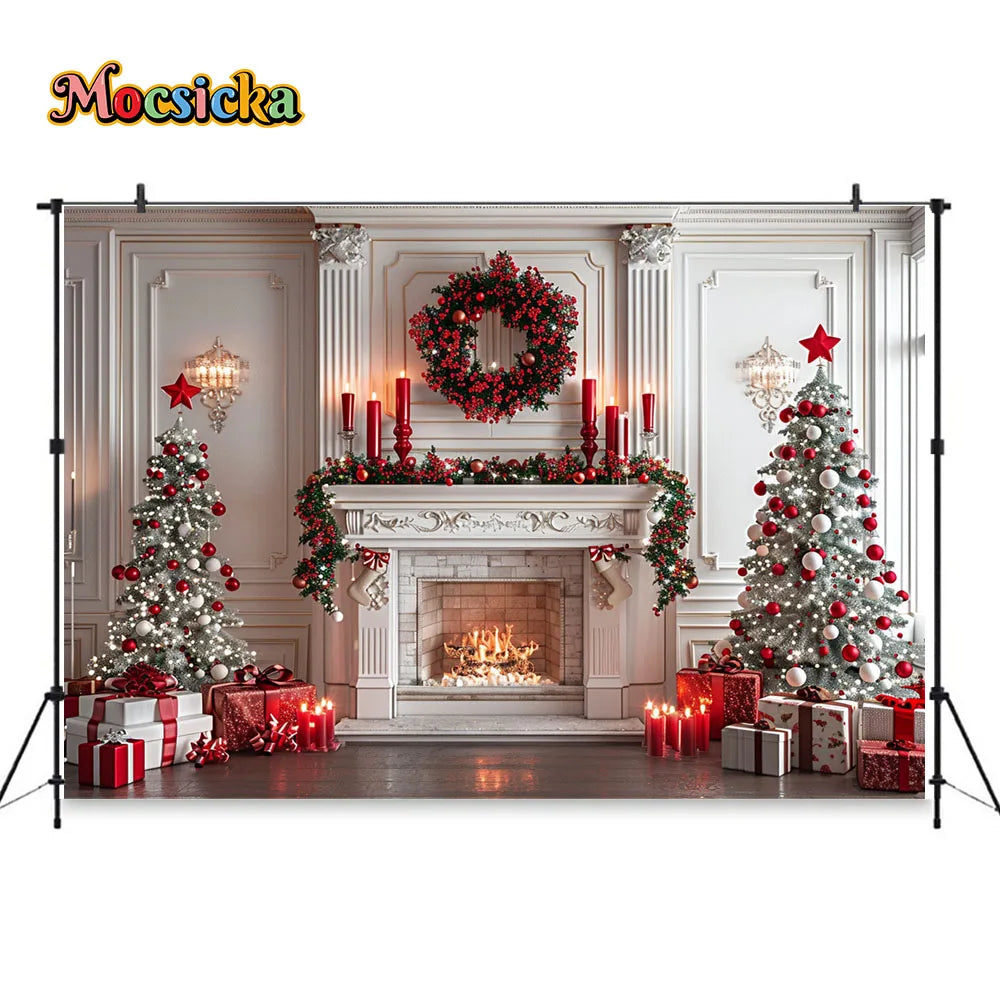White Fireplace Photography Backdrop Christmas Red Garland Xmas Tree Candles Background Winter Retro Room Family Photo Studio