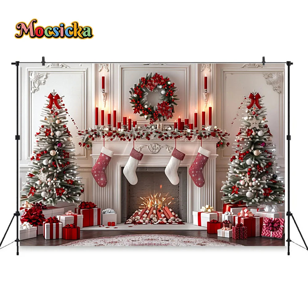 White Fireplace Photography Backdrop Christmas Red Garland Xmas Tree Candles Background Winter Retro Room Family Photo Studio