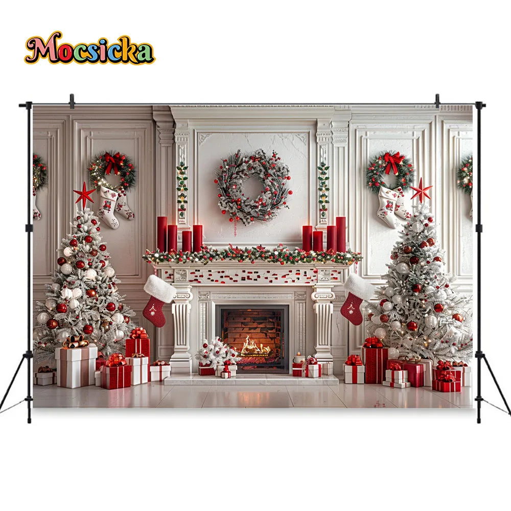 White Fireplace Photography Backdrop Christmas Red Garland Xmas Tree Candles Background Winter Retro Room Family Photo Studio