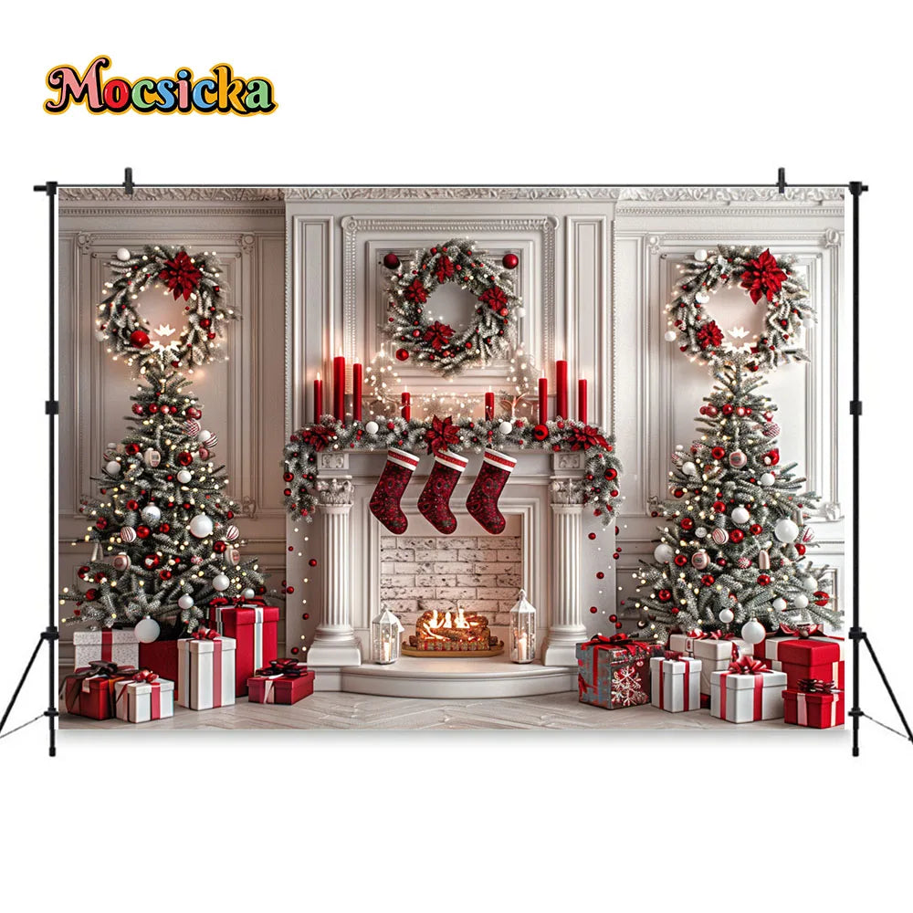 White Fireplace Photography Backdrop Christmas Red Garland Xmas Tree Candles Background Winter Retro Room Family Photo Studio