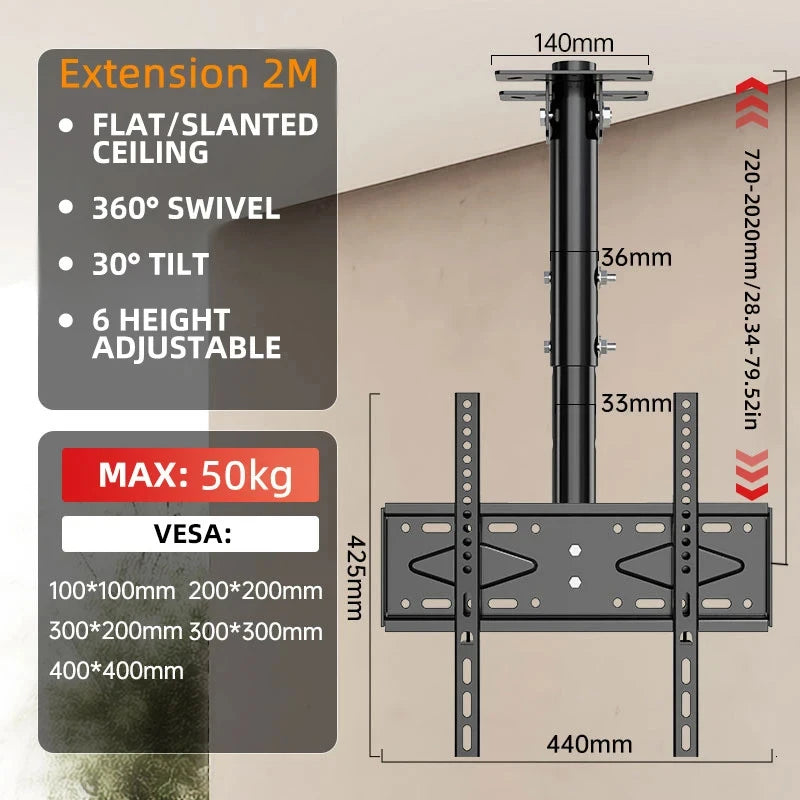 Adjustable Ceiling TV Wall Mount Tilt Swivel for 26-60 Inch LCD LED Plasma Monitor Panel Screen Weight Capacity 110 LBS