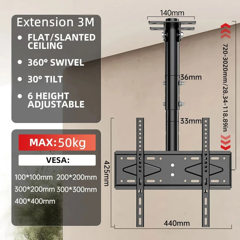 Adjustable Ceiling TV Wall Mount Tilt Swivel for 26-60 Inch LCD LED Plasma Monitor Panel Screen Weight Capacity 110 LBS