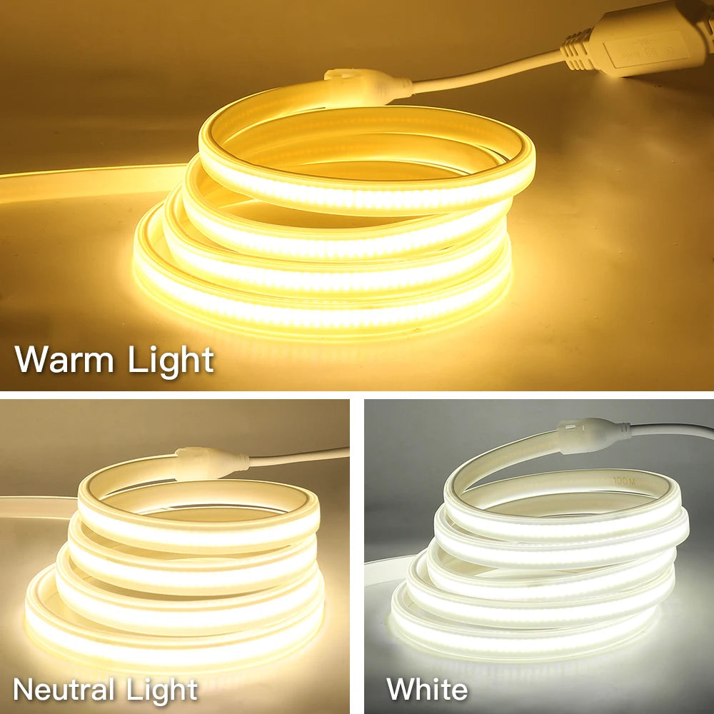 110V 220V COB LED Strip Light 288LEDs/m High Safety Waterproof Outdoor Garden Lamp RA90 Warm/ Natural/ Cold White for Home Decor