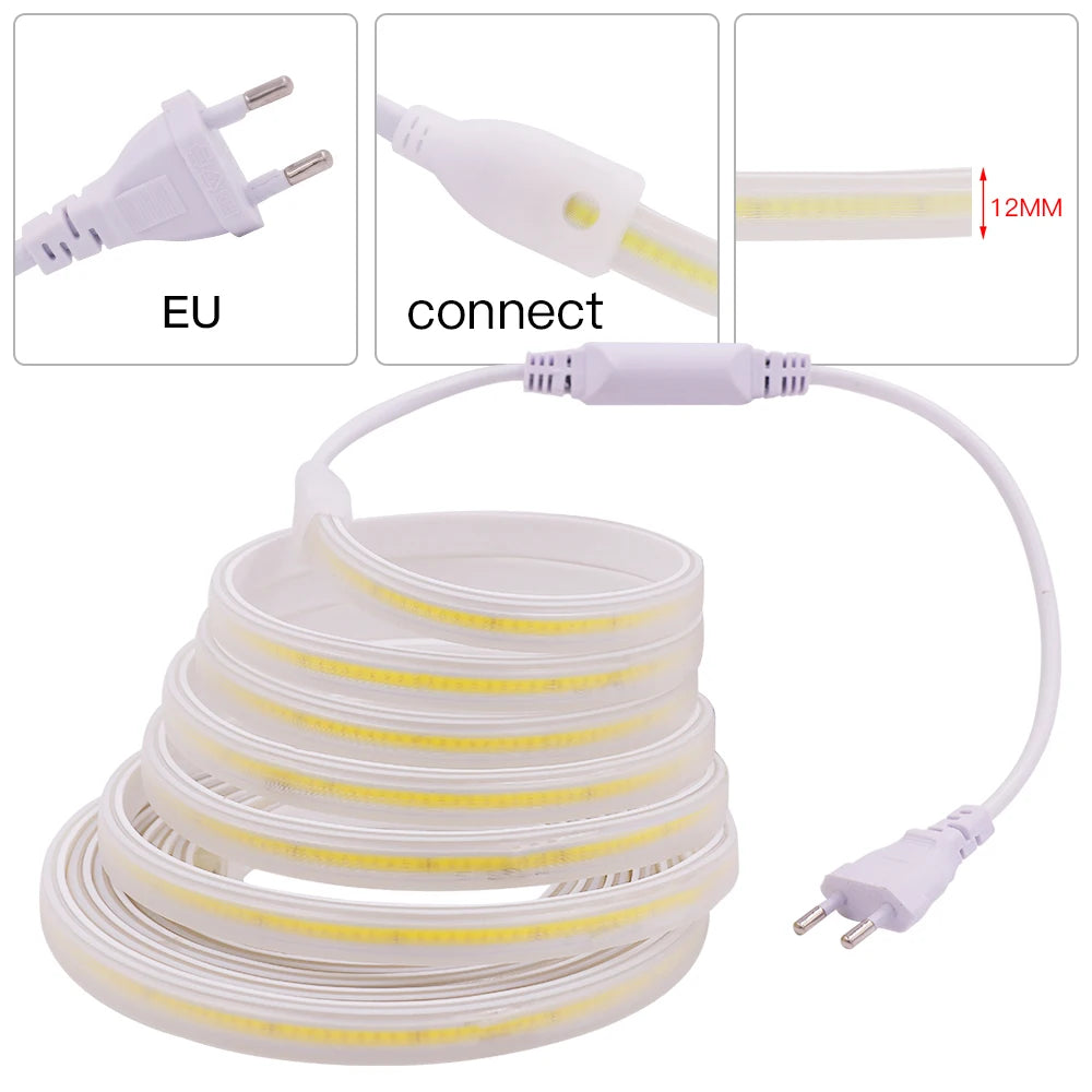 110V 220V COB LED Strip Light 288LEDs/m High Safety Waterproof Outdoor Garden Lamp RA90 Warm/ Natural/ Cold White for Home Decor