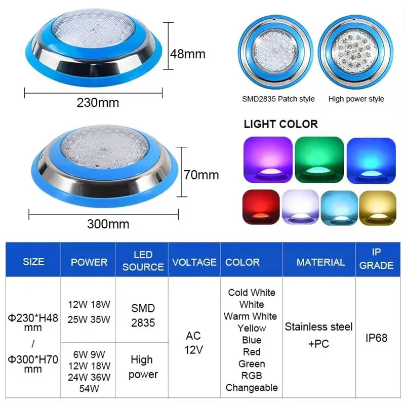 Stainless Steel Ip68 Led Swimming Pool Light 6W 9W 24W 36w 54W  Blue Waterproof Lamps Underwater Lights AC12V RGB Piscina Lamp