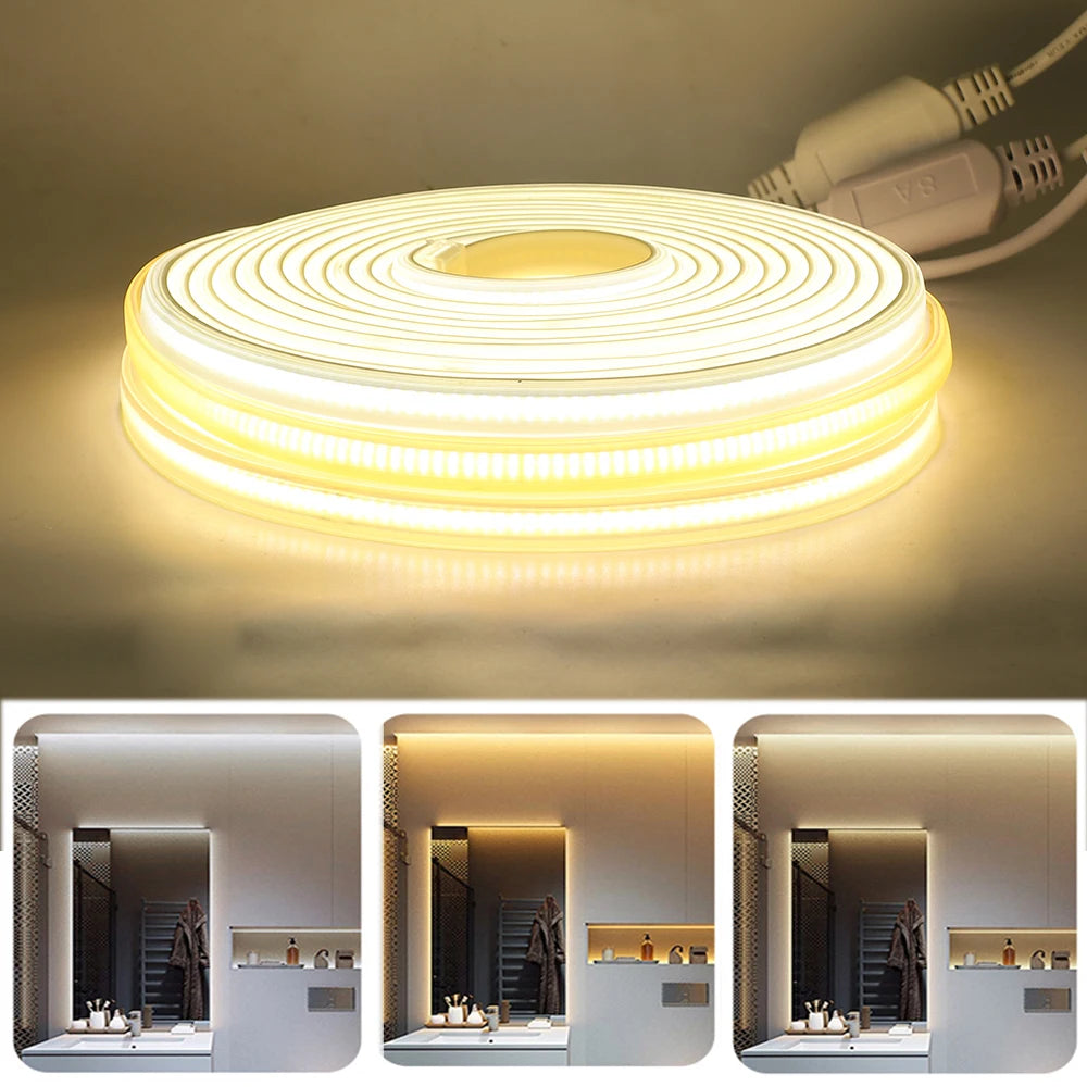 110V 220V COB LED Strip Light 288LEDs/m High Safety Waterproof Outdoor Garden Lamp RA90 Warm/ Natural/ Cold White for Home Decor