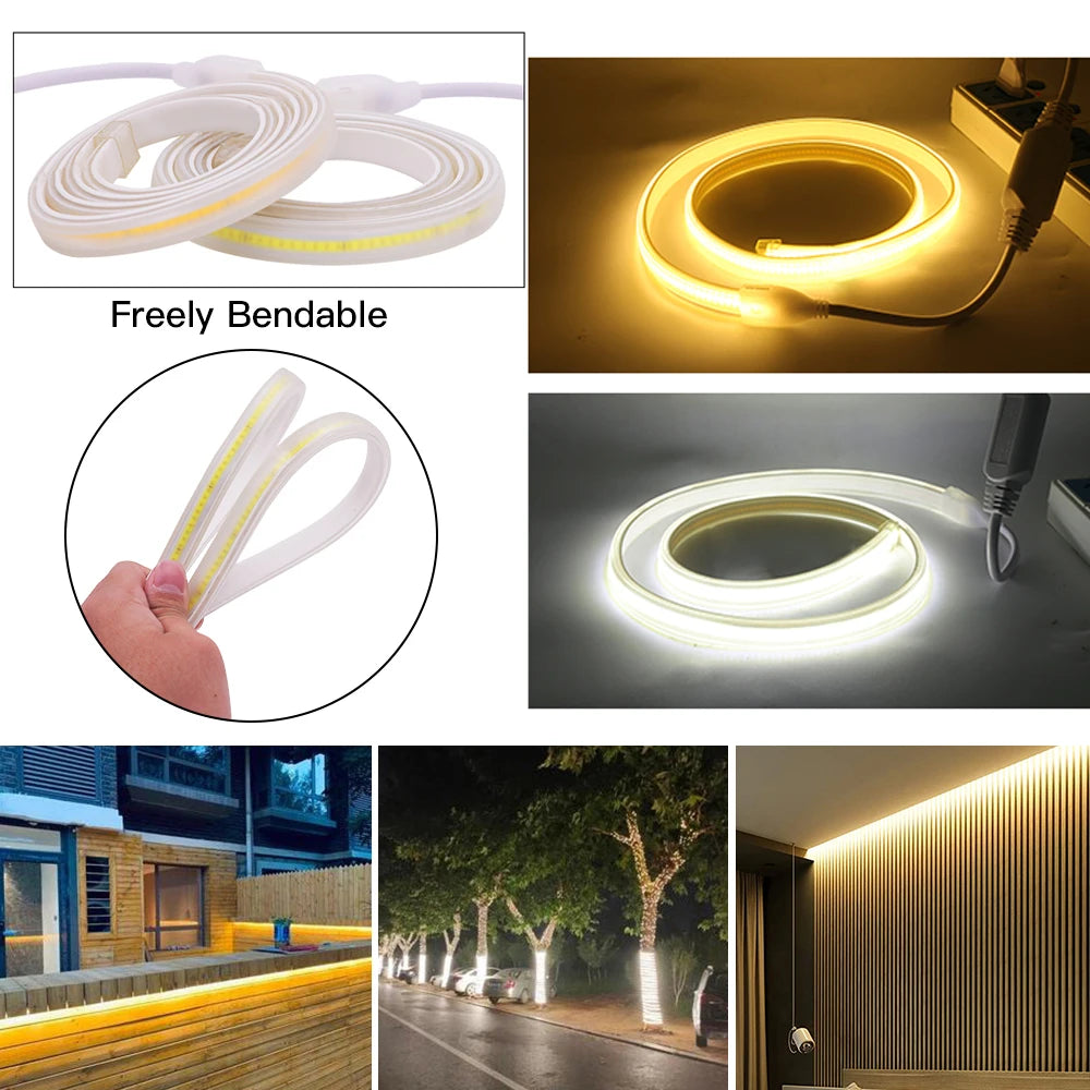 110V 220V COB LED Strip Light 288LEDs/m High Safety Waterproof Outdoor Garden Lamp RA90 Warm/ Natural/ Cold White for Home Decor