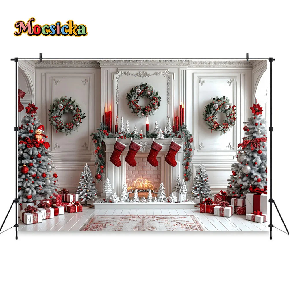 White Fireplace Photography Backdrop Christmas Red Garland Xmas Tree Candles Background Winter Retro Room Family Photo Studio