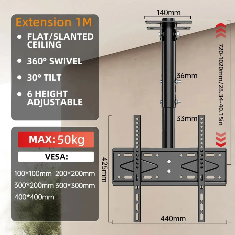 Adjustable Ceiling TV Wall Mount Tilt Swivel for 26-60 Inch LCD LED Plasma Monitor Panel Screen Weight Capacity 110 LBS