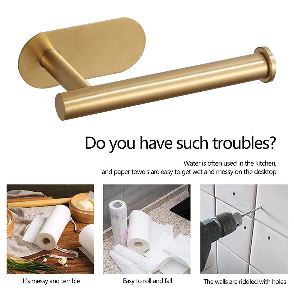 Self Adhesive Toilet Roll Paper Holder Wall Mount Bathroom Organizer Storage Stand No Punching Stainless Steel Towel Holder