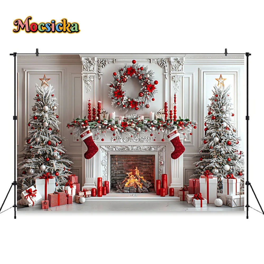 White Fireplace Photography Backdrop Christmas Red Garland Xmas Tree Candles Background Winter Retro Room Family Photo Studio