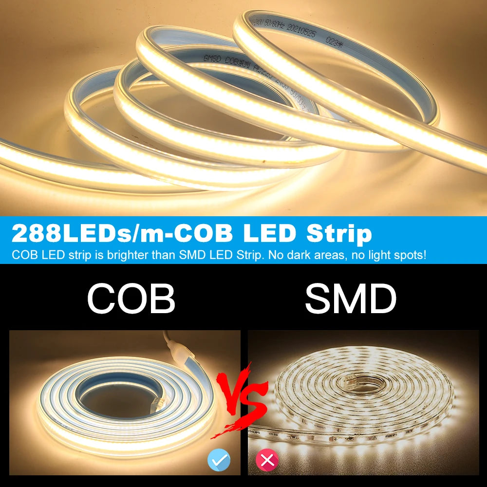 110V 220V COB LED Strip Light 288LEDs/m High Safety Waterproof Outdoor Garden Lamp RA90 Warm/ Natural/ Cold White for Home Decor