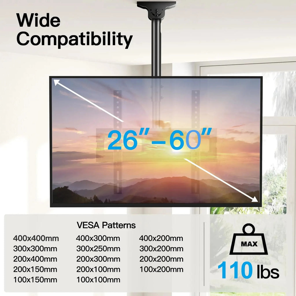 Adjustable Ceiling TV Wall Mount Tilt Swivel for 26-60 Inch LCD LED Plasma Monitor Panel Screen Weight Capacity 110 LBS