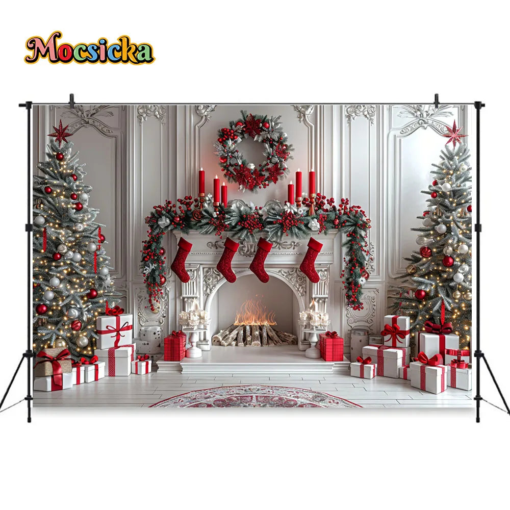 White Fireplace Photography Backdrop Christmas Red Garland Xmas Tree Candles Background Winter Retro Room Family Photo Studio